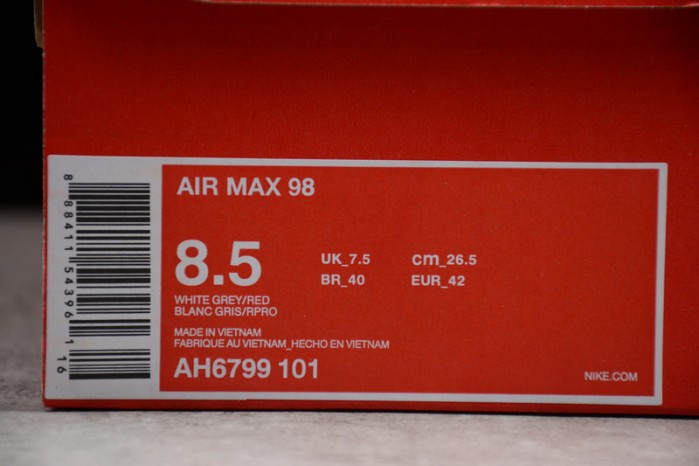 Nike mens Air Max 98 "Gym Red" White/Black-Gym AH6799-101